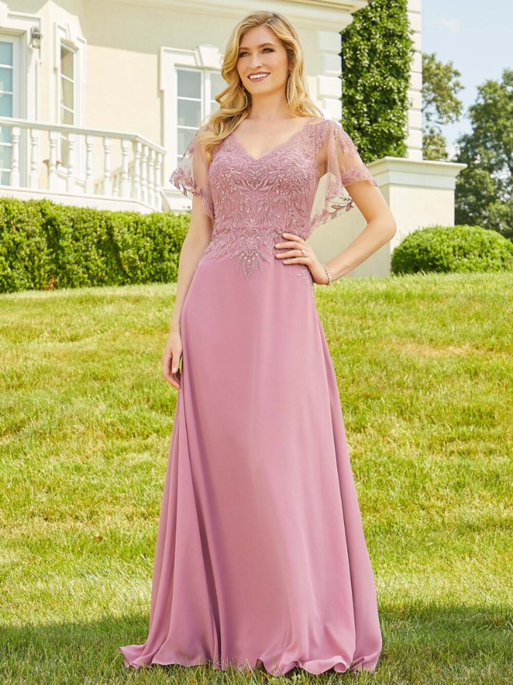 Rose Beaded Chiffon  Mother of the Bride/Groom Gown with sleeve  MGNY 72517